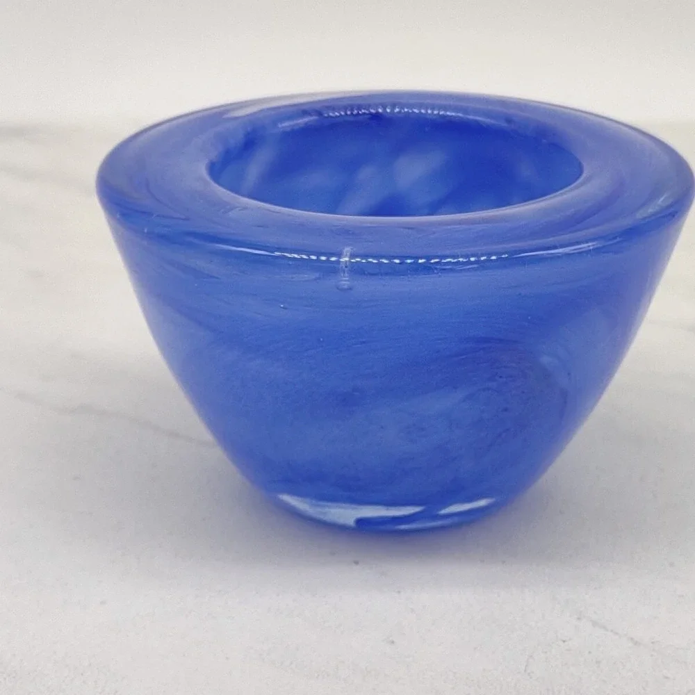 Hand Blown Cobalt Blue Swirl Art Glass Round Votive Candle Holder - Picture 7 of 14